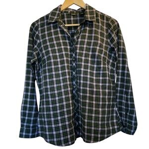 EDDIE BAUER Navy Blue/Green Plaid Button-Down Shirt Top - Size Small Petite